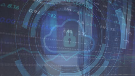 Animation of padlock, cloud in loading circles and trading board over data server room