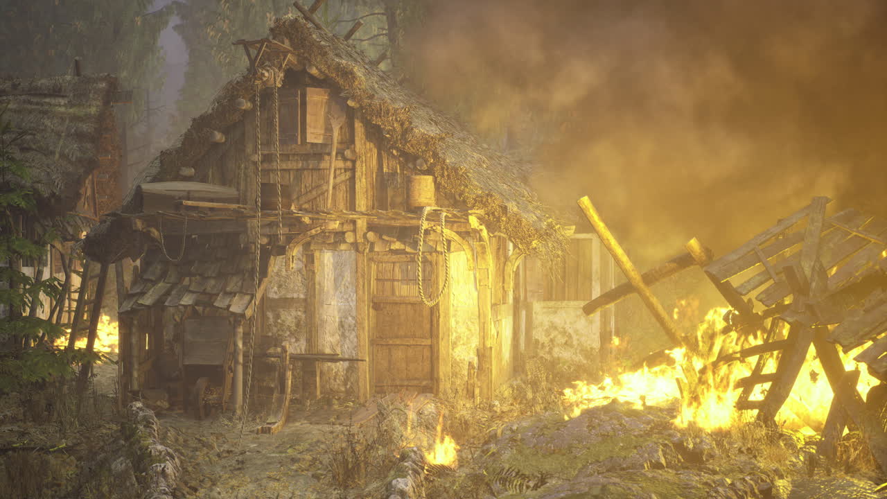 Burning hut in a dense forest during twilight with smoke rising