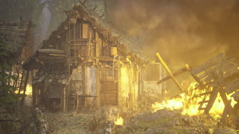 burning hut in a dense forest during twilight with smoke rising
