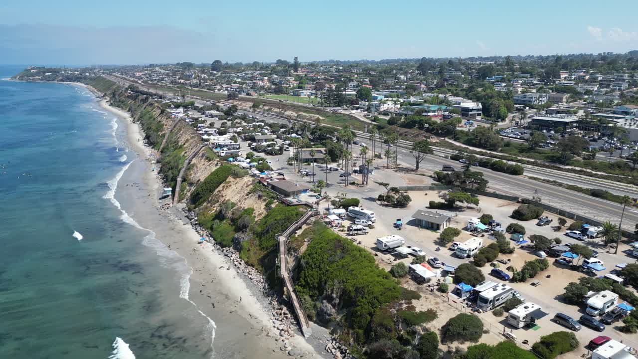 Campground near beach, Encinitas, California, surfing aerial video
