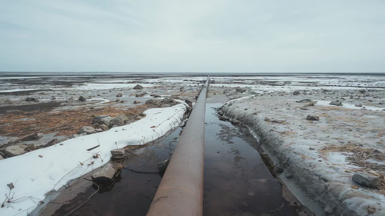 Rusty metal pipeline extending to horizon across marsh, with melting snowbanks and runoff channels