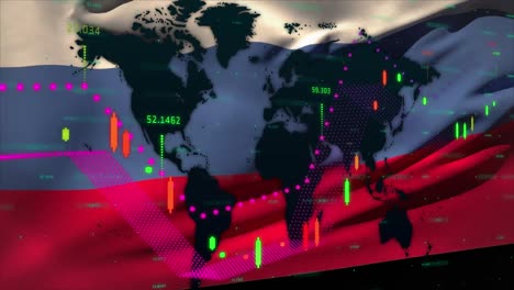 animation of financial data processing over flag of russia and world map
