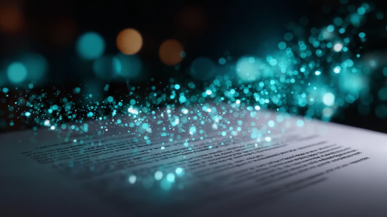 Scintillii affascinanti che danzano sopra un documento di testo in un ambiente scarsamente illuminato, con intense luci bokeh che creano un'atmosfera magica e incantevole