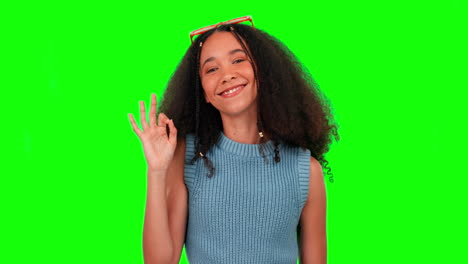 Green-screen,-woman-face-and-perfect-hand-sign