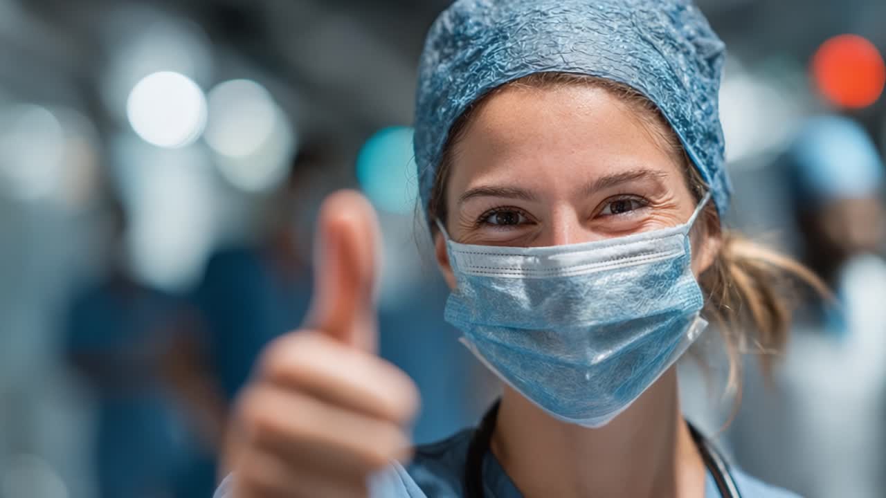 Un professionista sanitario sicuro di sé mostra positività con un gesto di approvazione, evidenziando la dedizione e l'atteggiamento premuroso nell'ambiente medico
