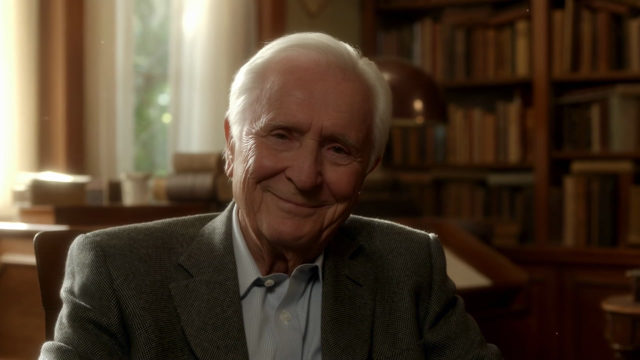 Elderly White Man In Study Smiling Softly Amid Booklined Shelves, Warm Sunlight Through Window, Leather