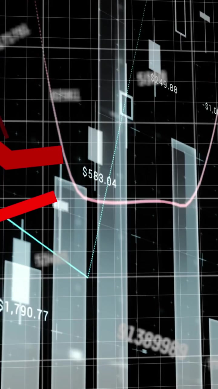 Animation of financial data processing on black background