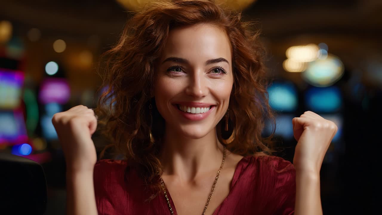 A Joyful Moment of Celebration: A Woman Expresses Pure Happiness and Excitement with a Big Smile and Raised Fists, Captured in a Vibrant Casino Setting Filled with Colorful Slot Machines in the Background