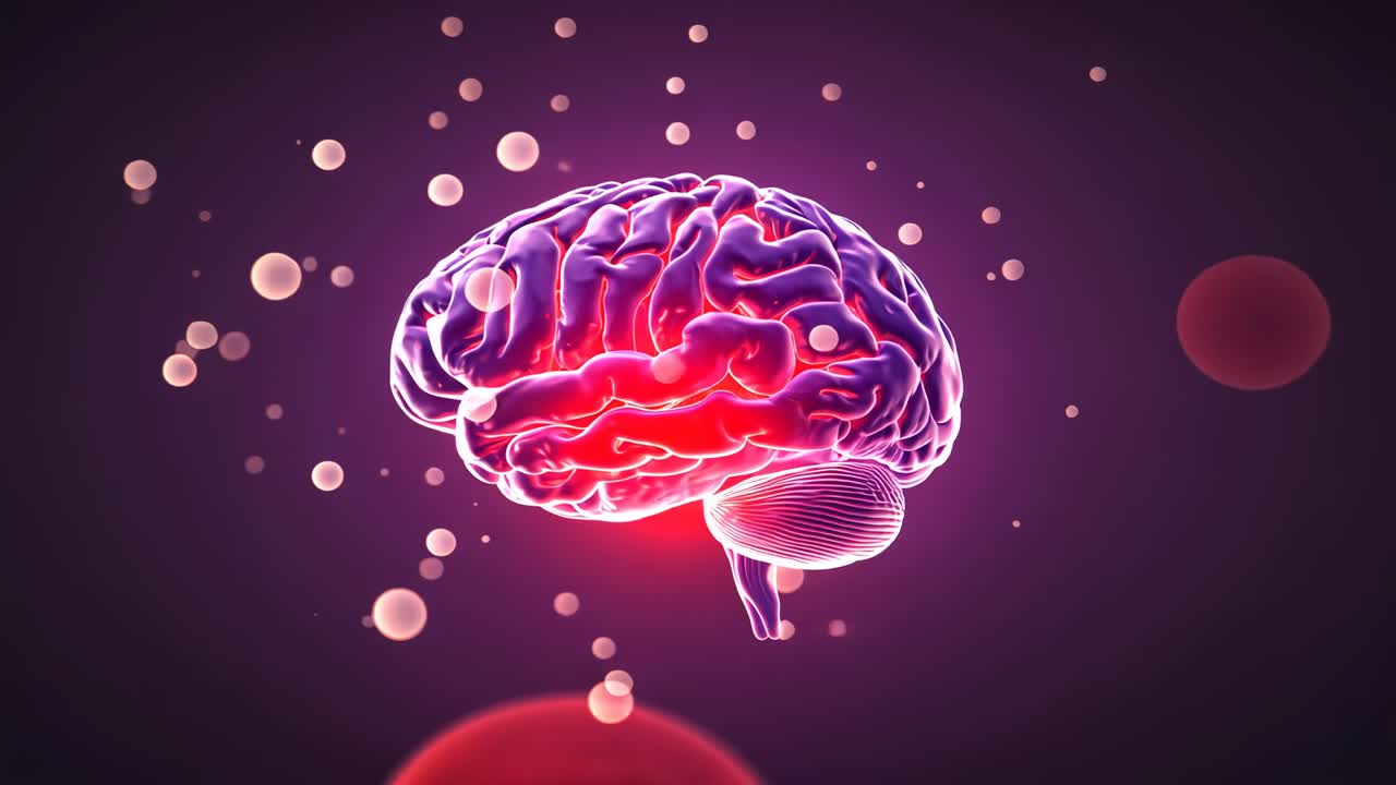 Receiving pulses, 3D brain glowing in digital space, with beige spheres and faint red orbs drifting