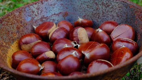 fresh maroni chestnuth in pan ready to be roasted