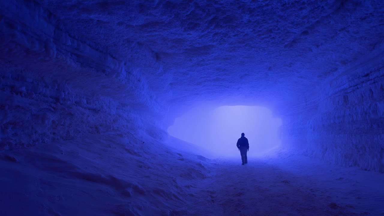 Uma figura solitária caminha por uma misteriosa caverna de neve iluminada em azul, cercada por imponentes paredes de gelo que criam uma atmosfera etérea e tranquila.