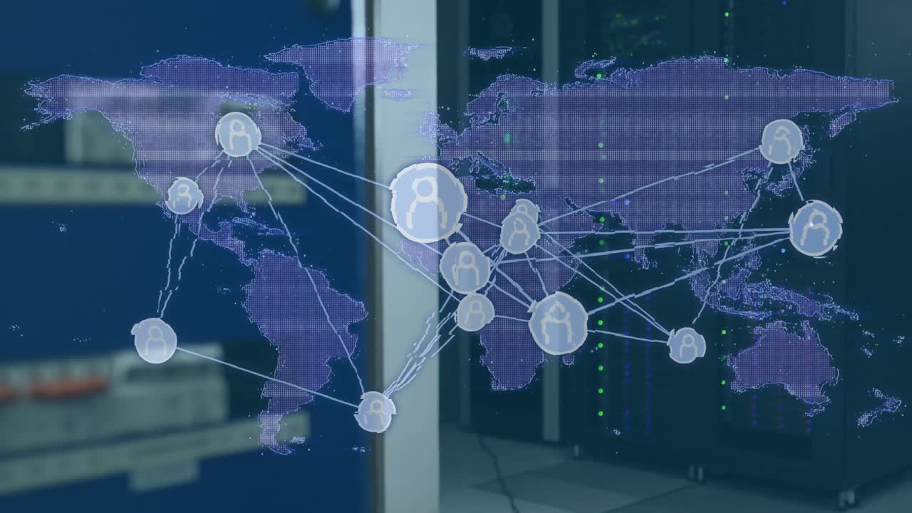 Animation of data processing and media icons over server room