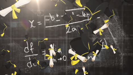 animación de sombreros de graduados sobre ecuaciones matemáticas