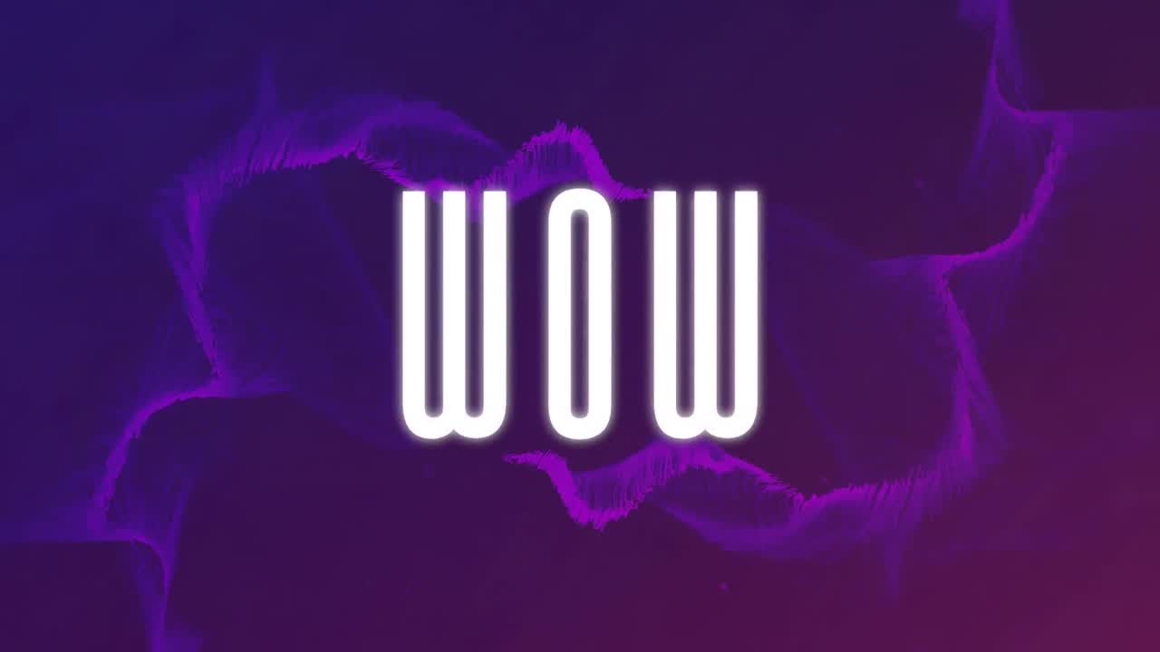 Animation of wow text over purple abstract shape changing and waving