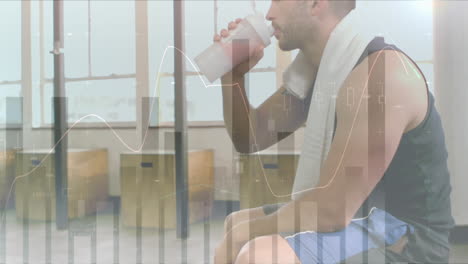 animation of multiple graphs over caucasian man drinking protein shake after workout in gym