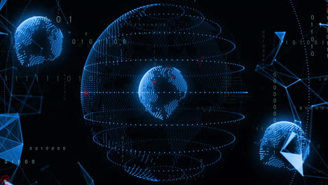 animation of digital data processing and binary coding over globes