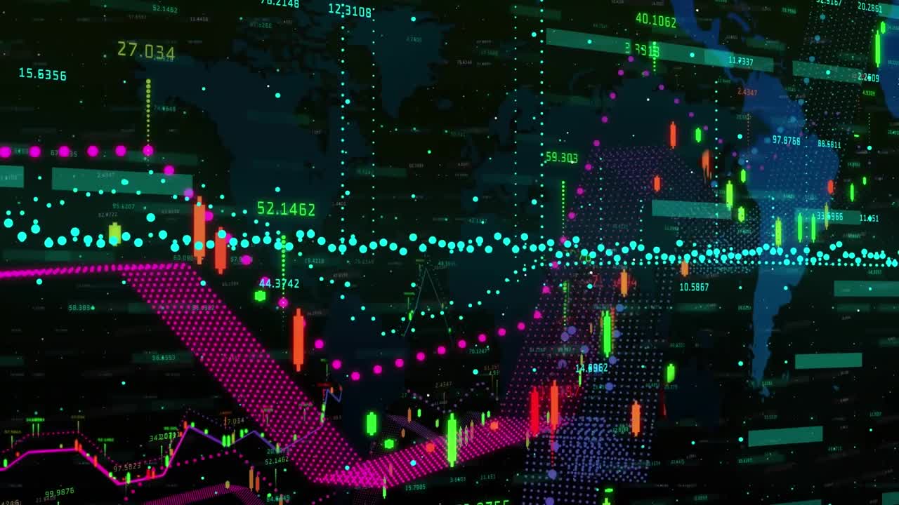 animación del procesamiento de datos financieros sobre el mapa del mundo contra un fondo negro.