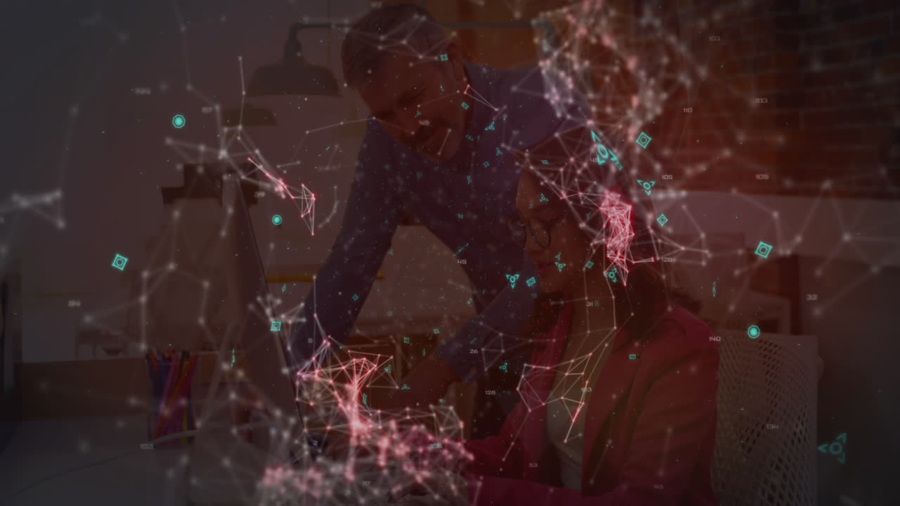 animación de la red de conexiones sobre pareja caucásica utilizando la computadora