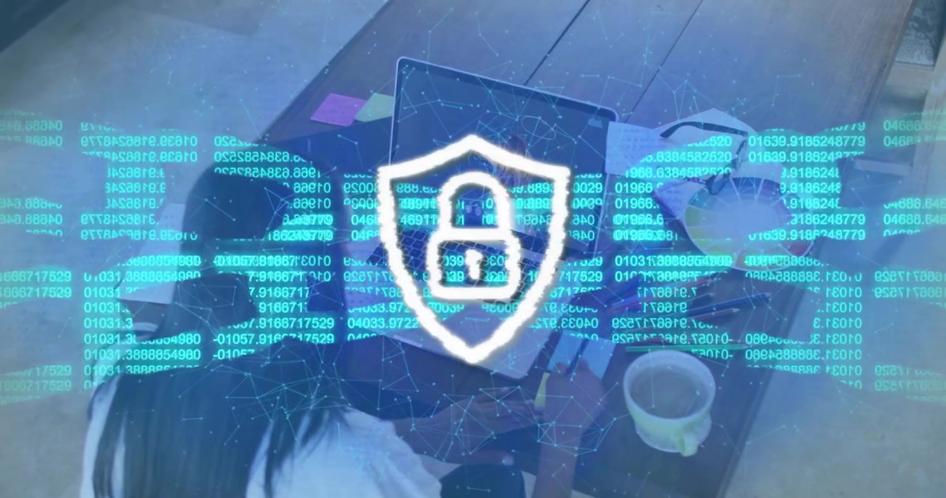 After pause woman at table using laptop, overlay code forming shield padlock for security