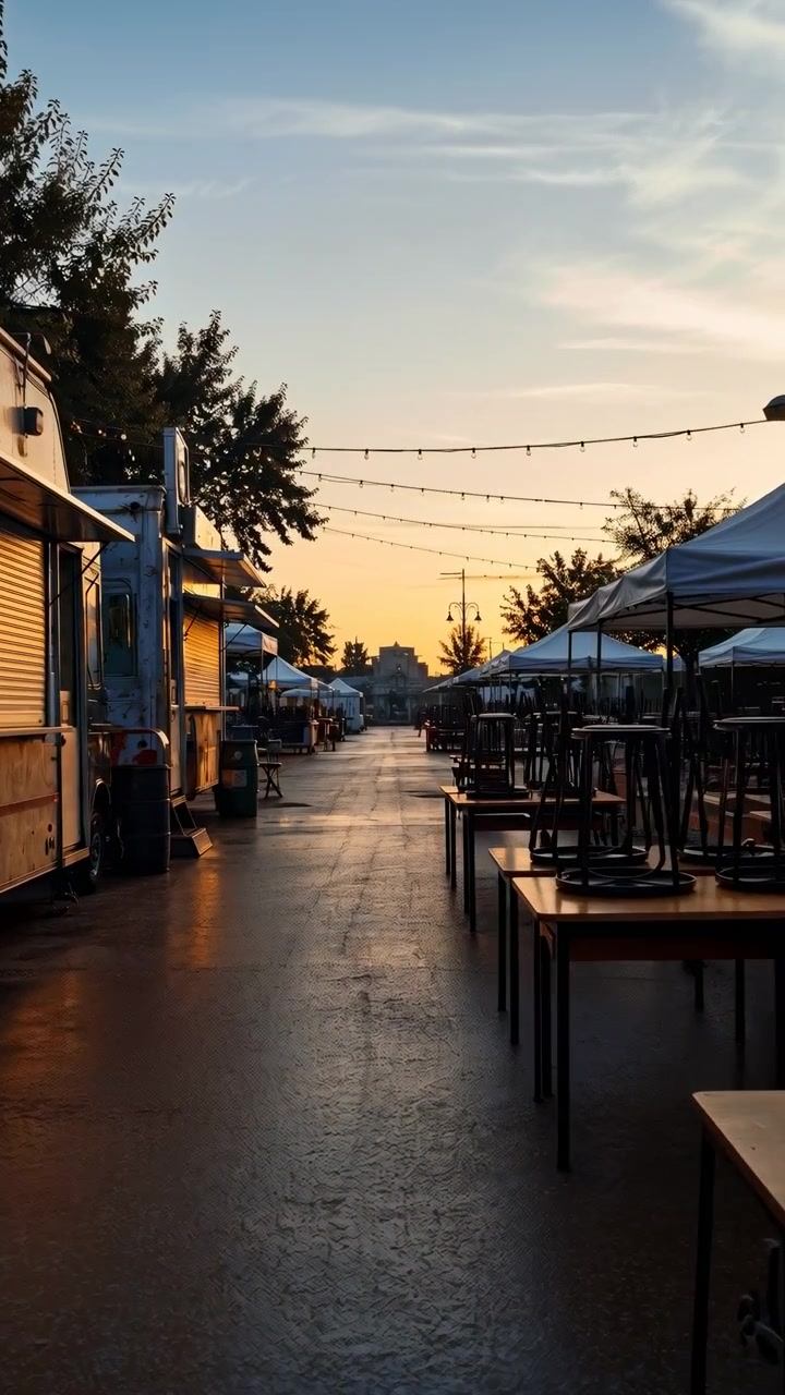 Sunset-lit outdoor market corridor showing closed food trucks with metal shutters, rows of white canopy tents, stacked tables, upside-down stools, soft reflections, warm sky, and quiet commercial