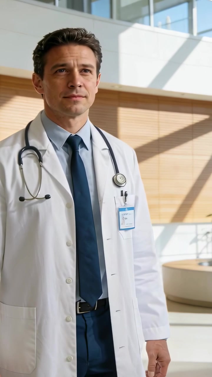 Video verticale: Medico in camice che cammina da sinistra attraverso l'atrio, esaminando con lo stetoscopio.