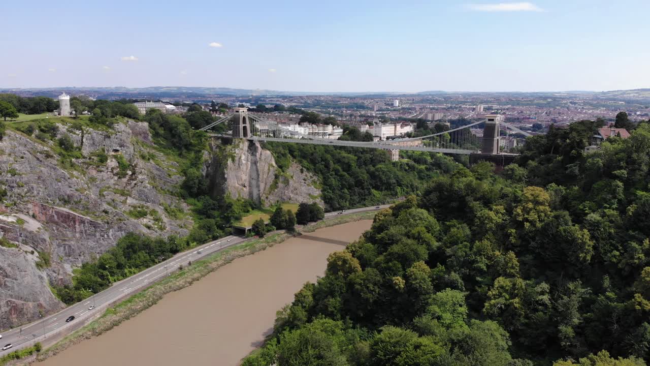 Aerial View Of Clifton Suspension Bridge On Sunny Day. Dolly Forward, Establishing Shot