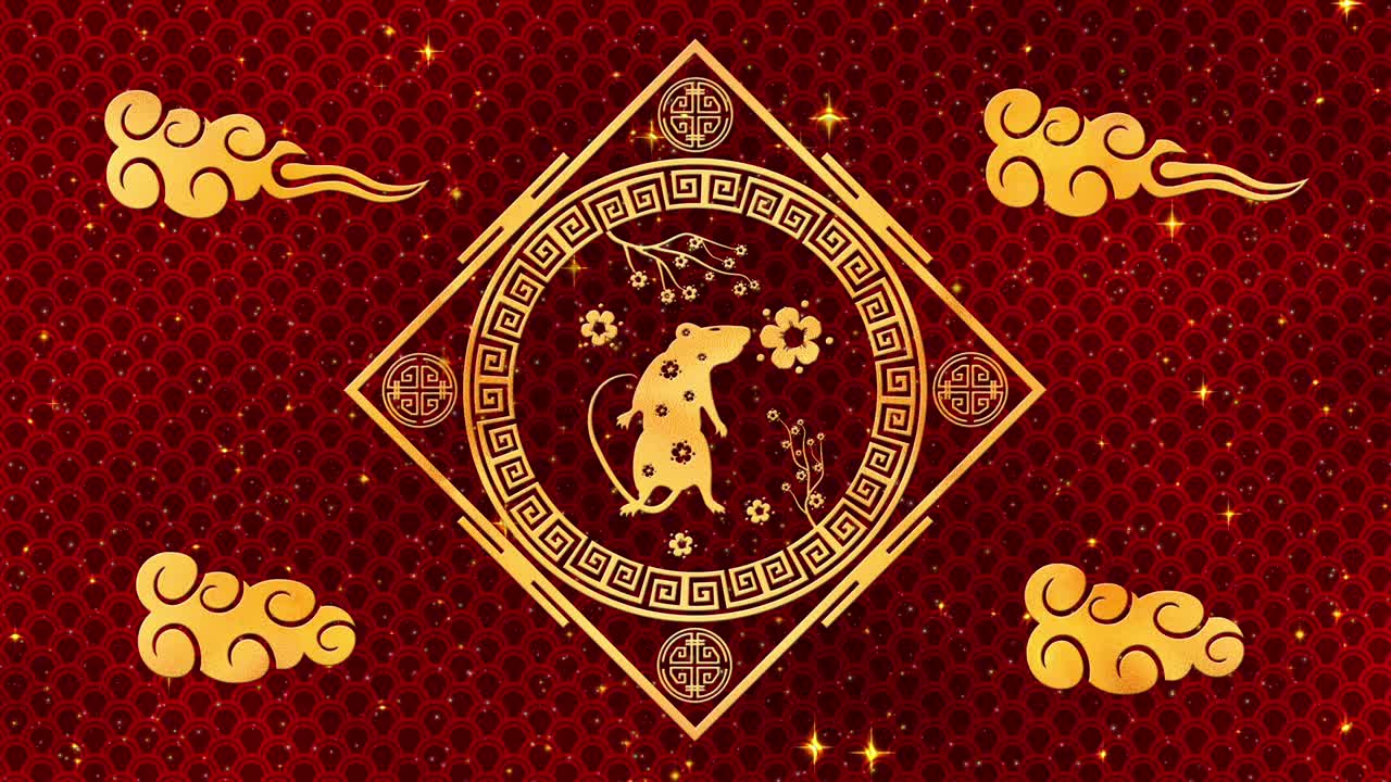 fondo de año nuevo chino rojo con oro, rata, fuegos artificiales, 3d rendering bucle 4k. mágica feliz año nuevo animación