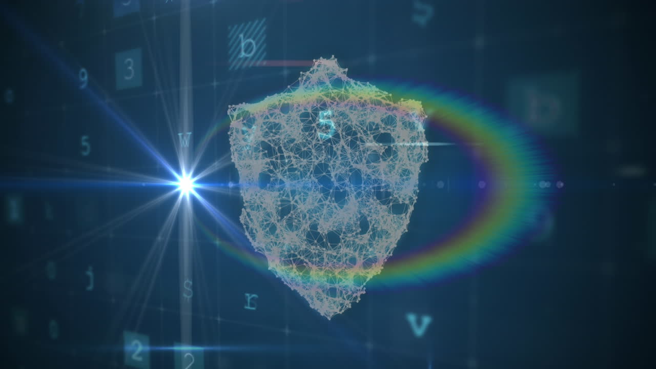 파란색 배경의 무지개 렌즈 플레어에 대한 사이버 보안 데이터 처리 및 아이콘의 애니메이션
