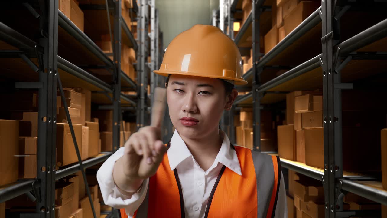 창고 직원이 멈추는 지침을 주고 있습니다.