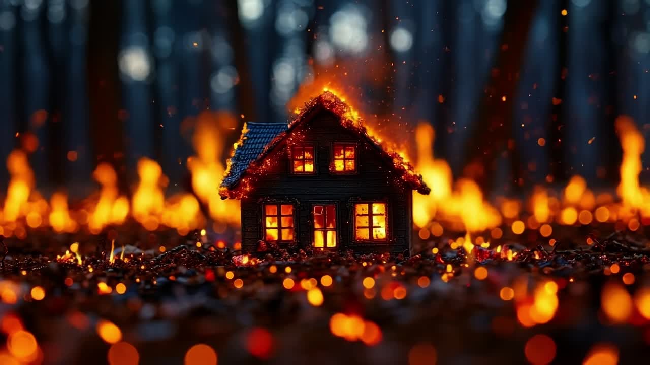 House engulfed in flames at twilight. Flames consume a small wooden house surrounded by a forest, creating a dramatic and eerie atmosphere at dusk.
