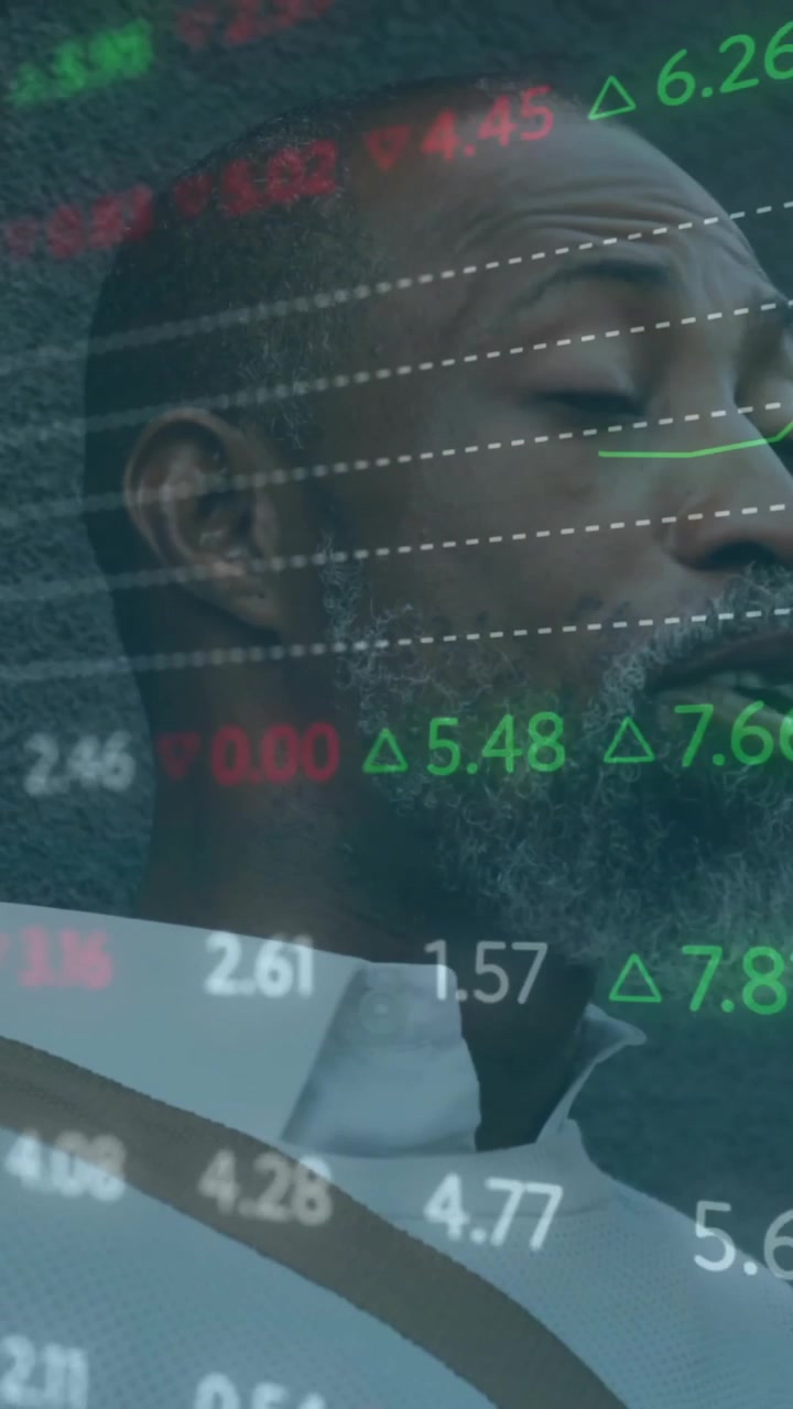 Animation of financial data processing over african american man using smartphone in city