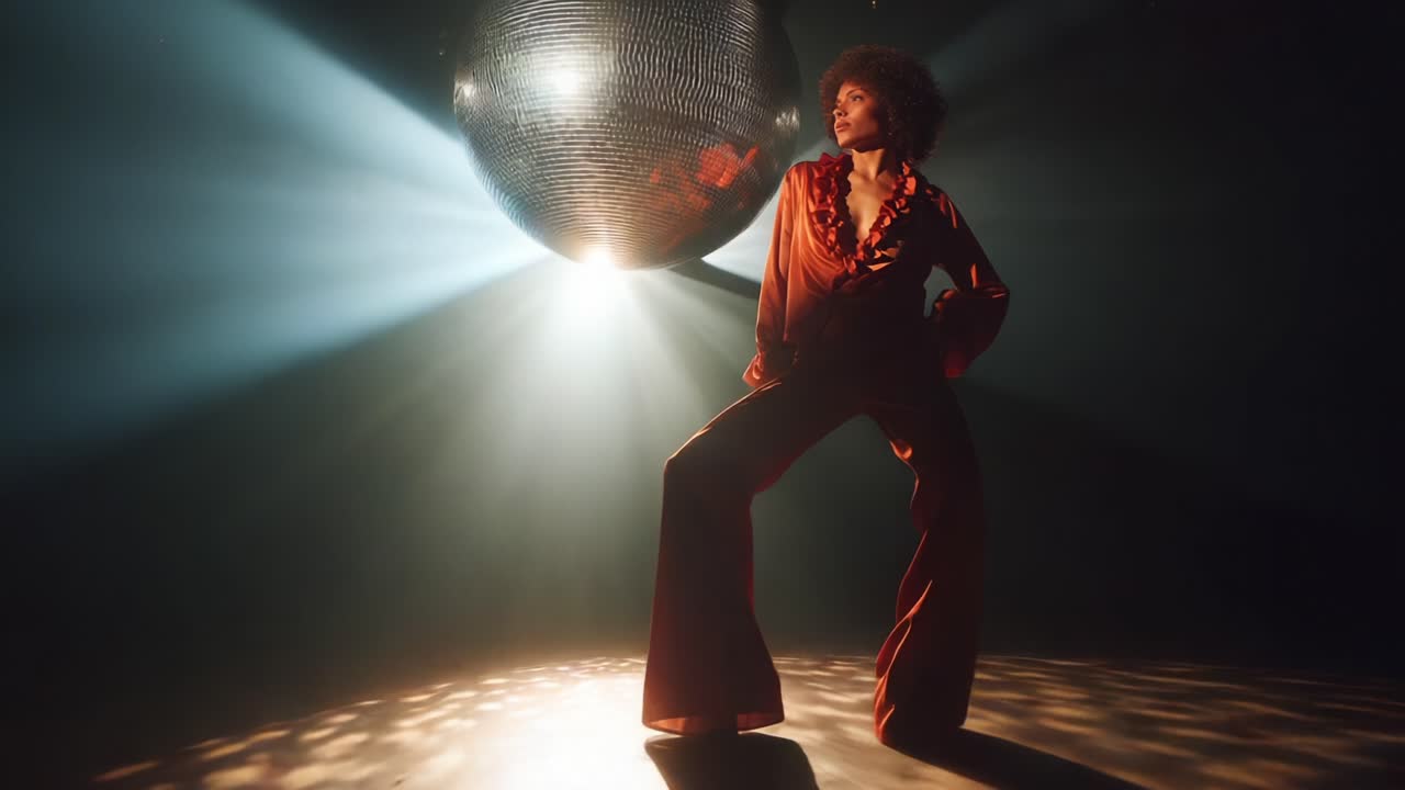 A Captivating Dance Performance Under a Dazzling Disco Ball: Embracing the Vibrant Spirit of Dance and Music with Enchanting Lighting and Evocative Poses on a Unique Stage Setting