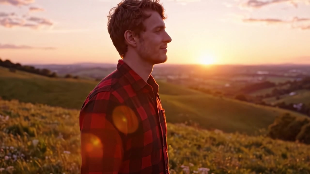 Um Momento Pensativo ao Crepúsculo: Um Jovem em Pé Num Campo Verdejante Contemplando um Lindo Pôr do Sol, Abraçando a Serenidade da Natureza e Refletindo Sobre a Jornada da Vida