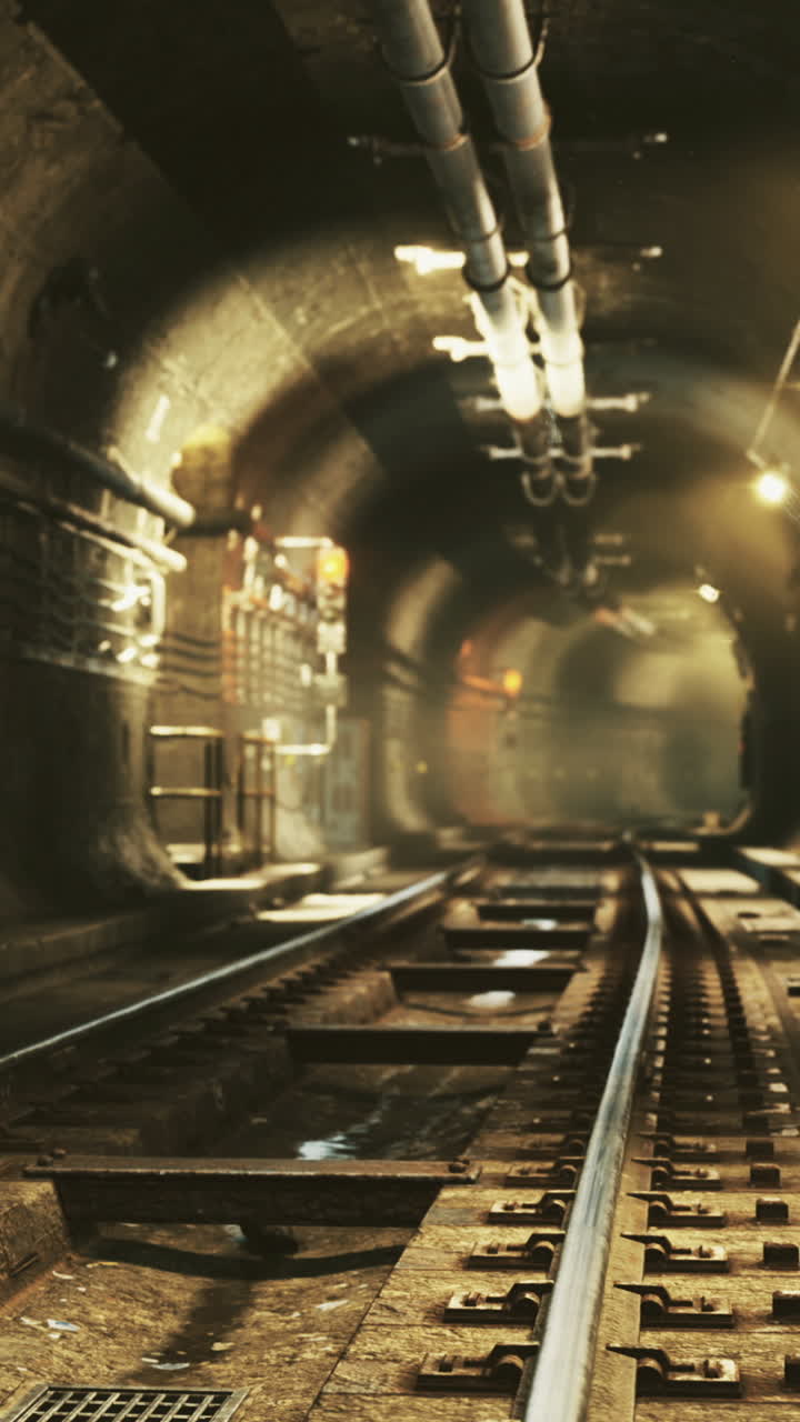 A dimly lit underground tunnel reveals old railway tracks leading into darkness