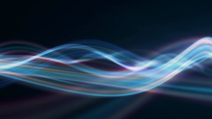 Calm Blue Light Waves Ripple Across Dark Background, Smooth Ribbons Of Luminous Energy Flow Horizontally,