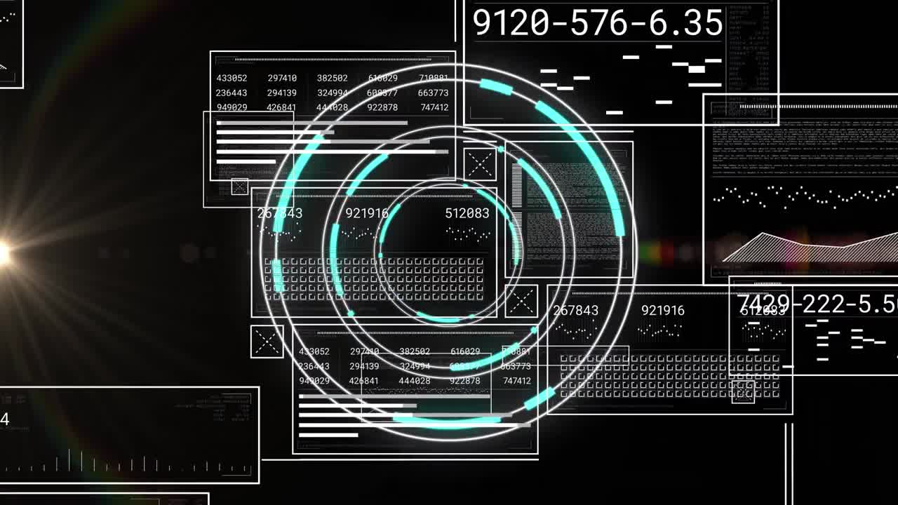 네온 둥근 스캐너와 렌즈 플레어에 대한 데이터 처리 인터페이스의 애니메이션