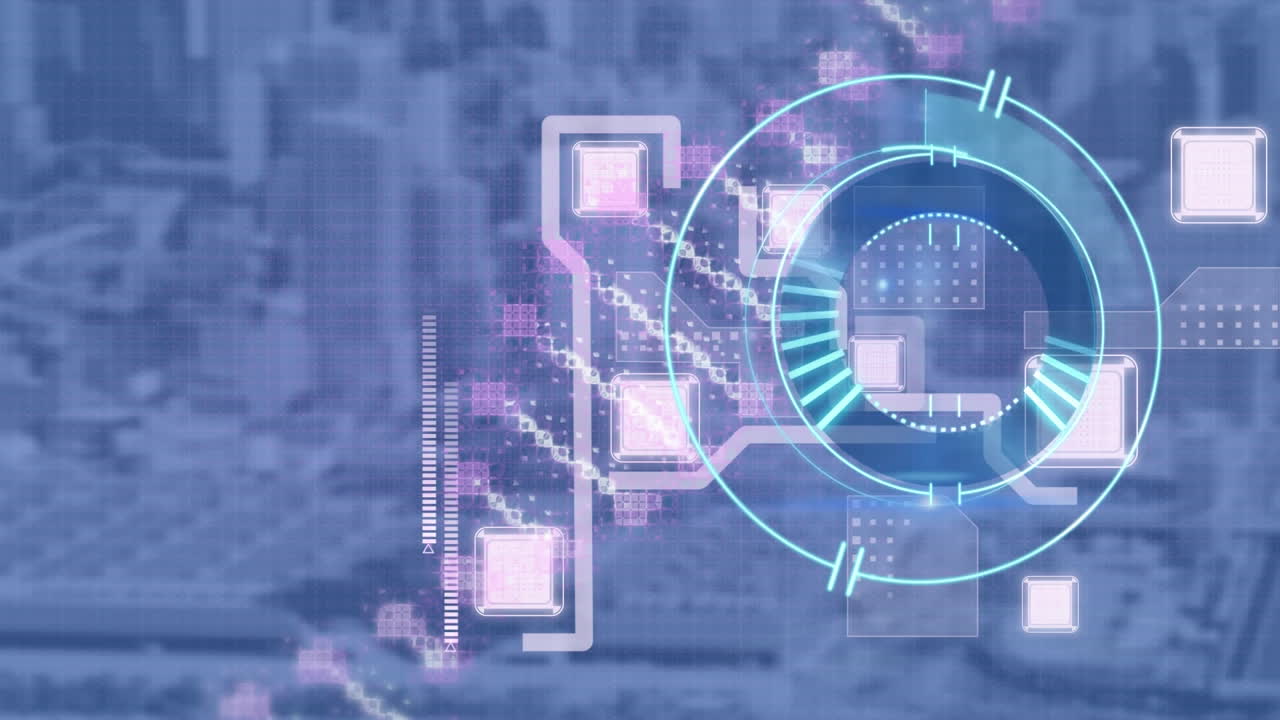 animación de escaneo de alcance y placa de circuito de computadora sobre el paisaje urbano