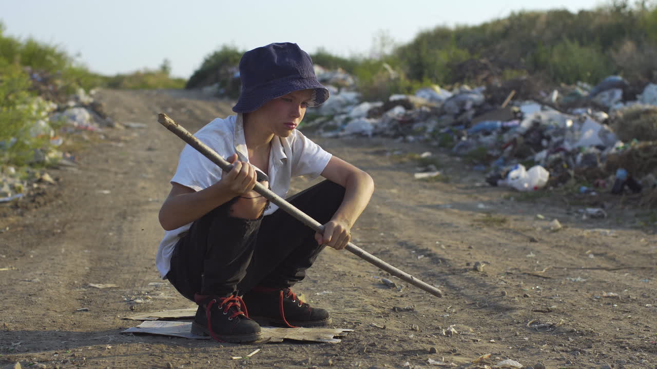 A boy in worn clothes squatting on a dirt road near a trash dump