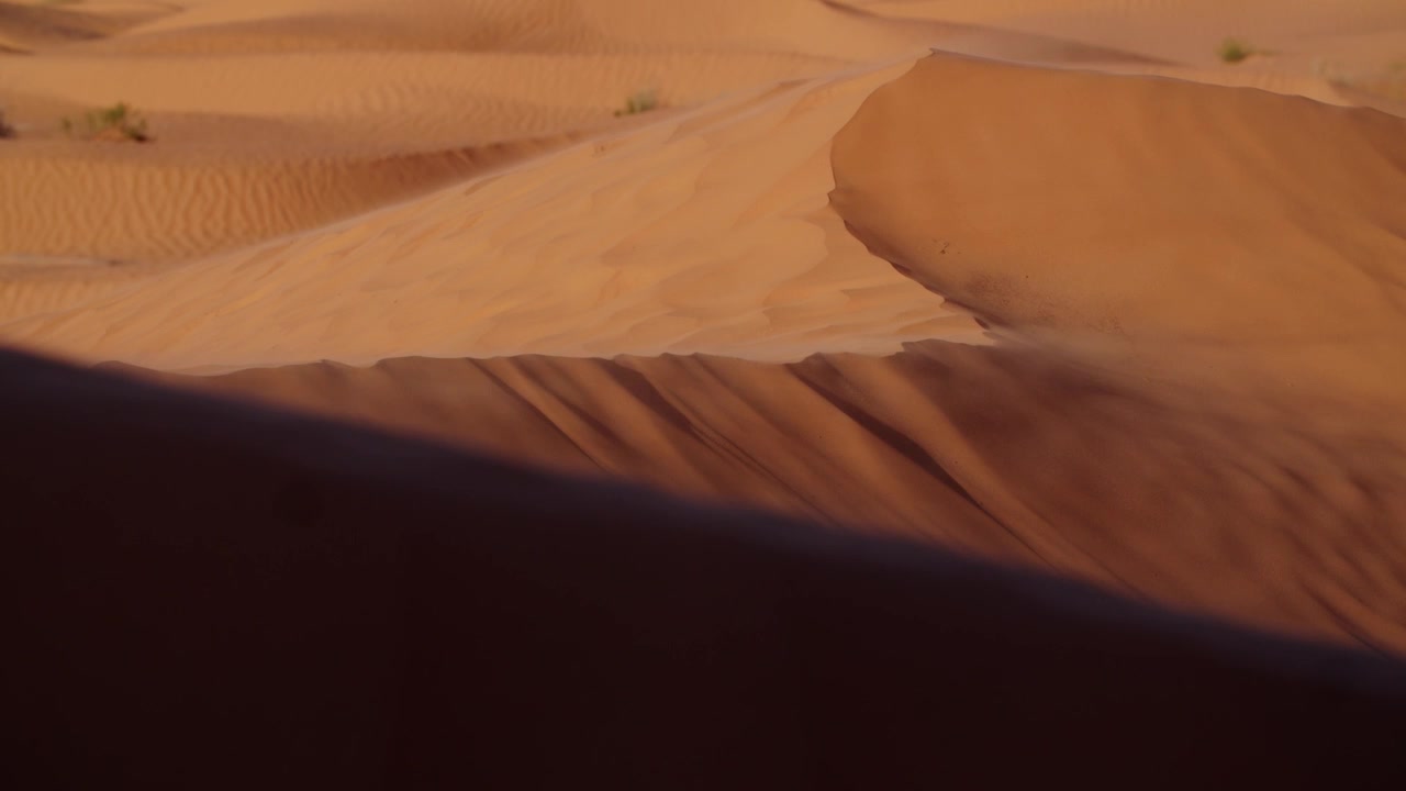 Inquadratura statica del vento che soffia sabbia fine dalla cresta di una duna del Sahara al tramonto. Ora d'oro cinematografica in Tunisia che mostra il movimento naturale delle particelle di sabbia nel Grande Erg Orientale.