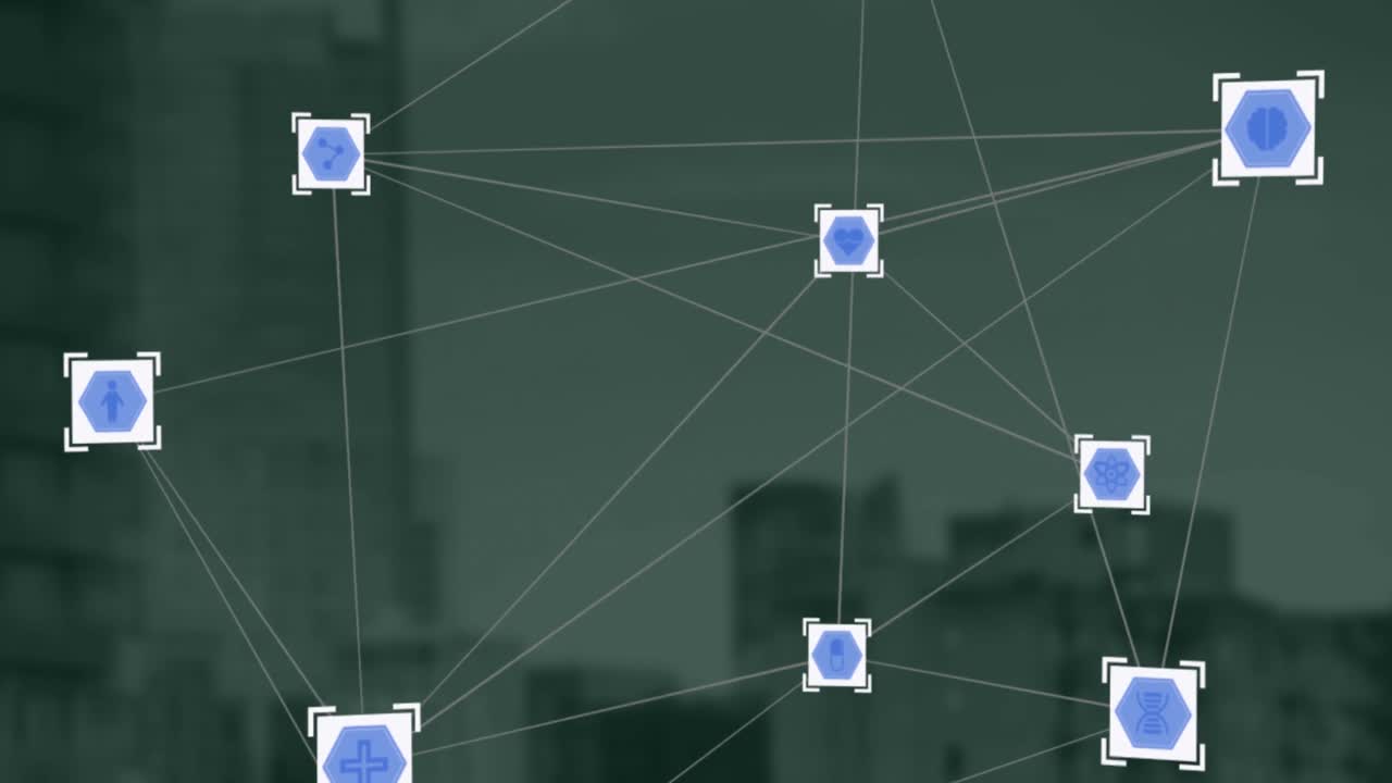 animación de una red de iconos digitales frente a una vista aérea de edificios altos