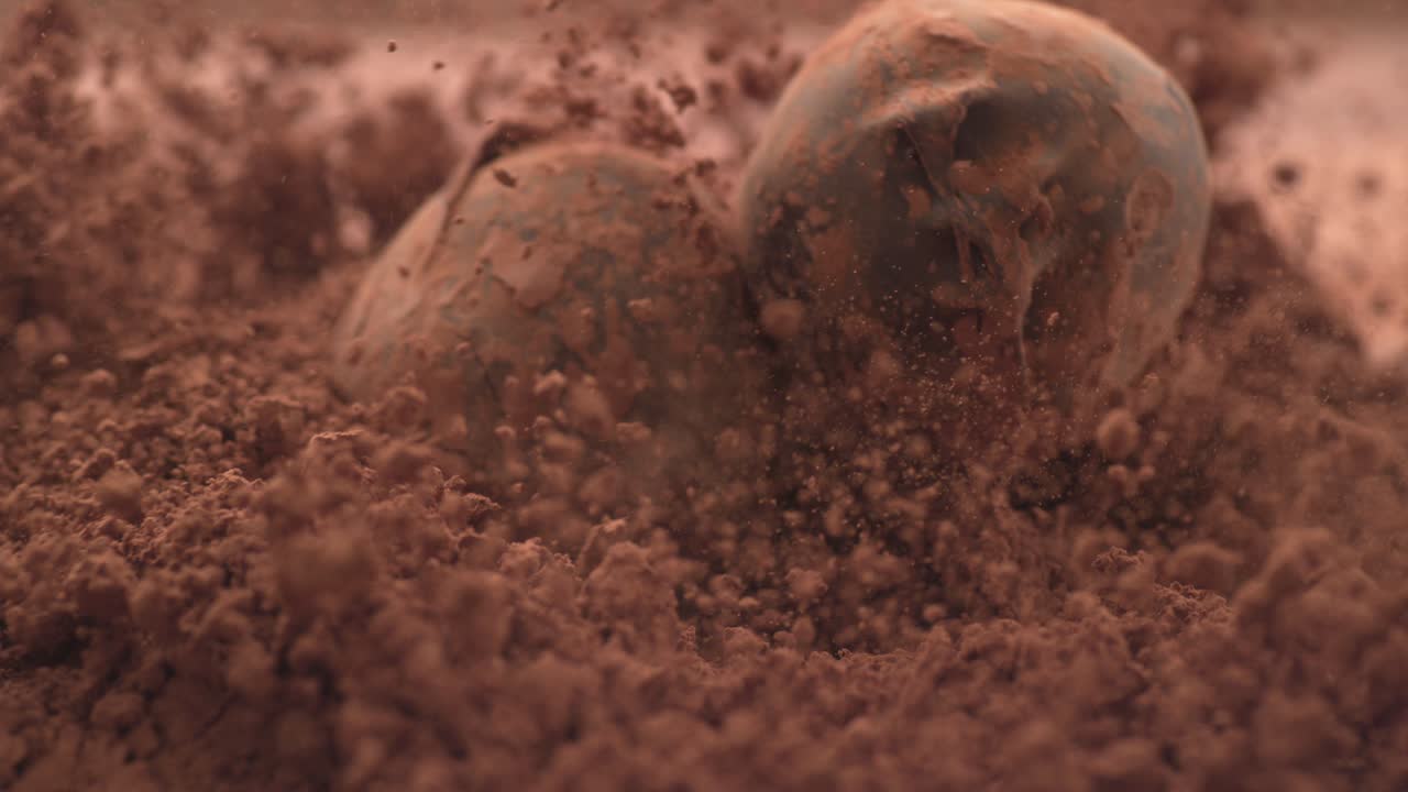 las trufas de chocolate cayendo en polvo de chocolate en súper cámara lenta.