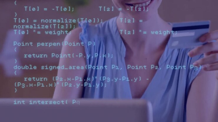 Animatie van blauwe gegevensverwerking boven een Kaukasische vrouw die een laptop gebruikt