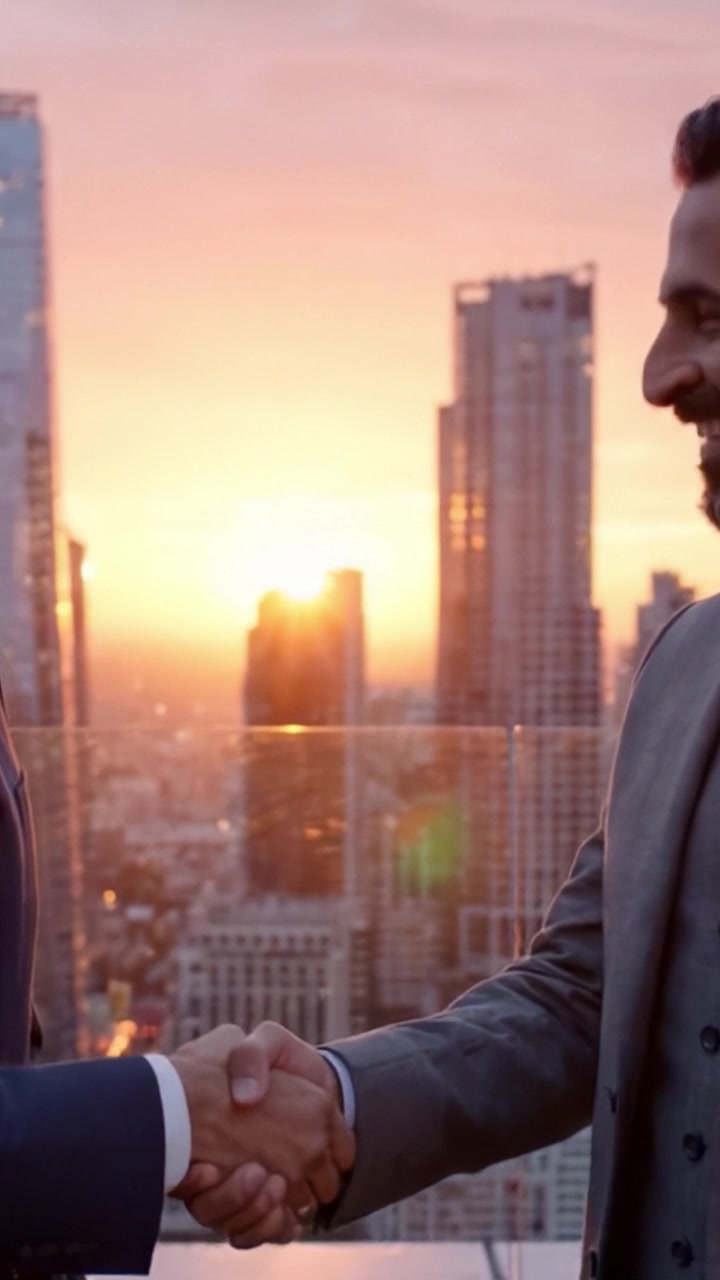 Una pintoresca vista del atardecer sobre un bullicioso horizonte urbano captura a dos individuos dándose la mano, simbolizando asociación y colaboración durante la hora dorada.