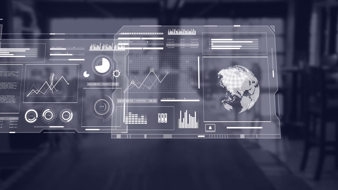 Animation of interface with data processing against empty office