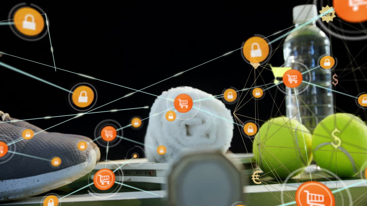 Network overlay animating tennis racket scene, showing shoe, towel, balls, bottle in flat design