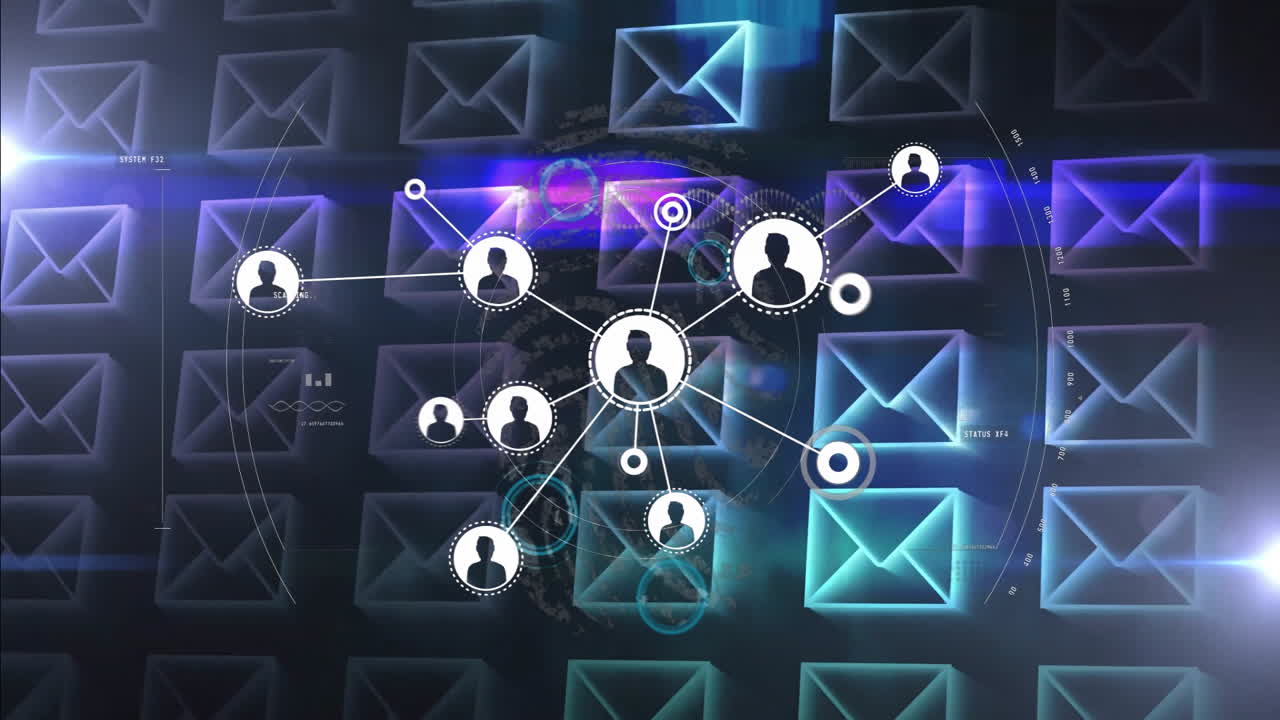Rete di connessioni e animazione di icone email su silhouette di persone diverse