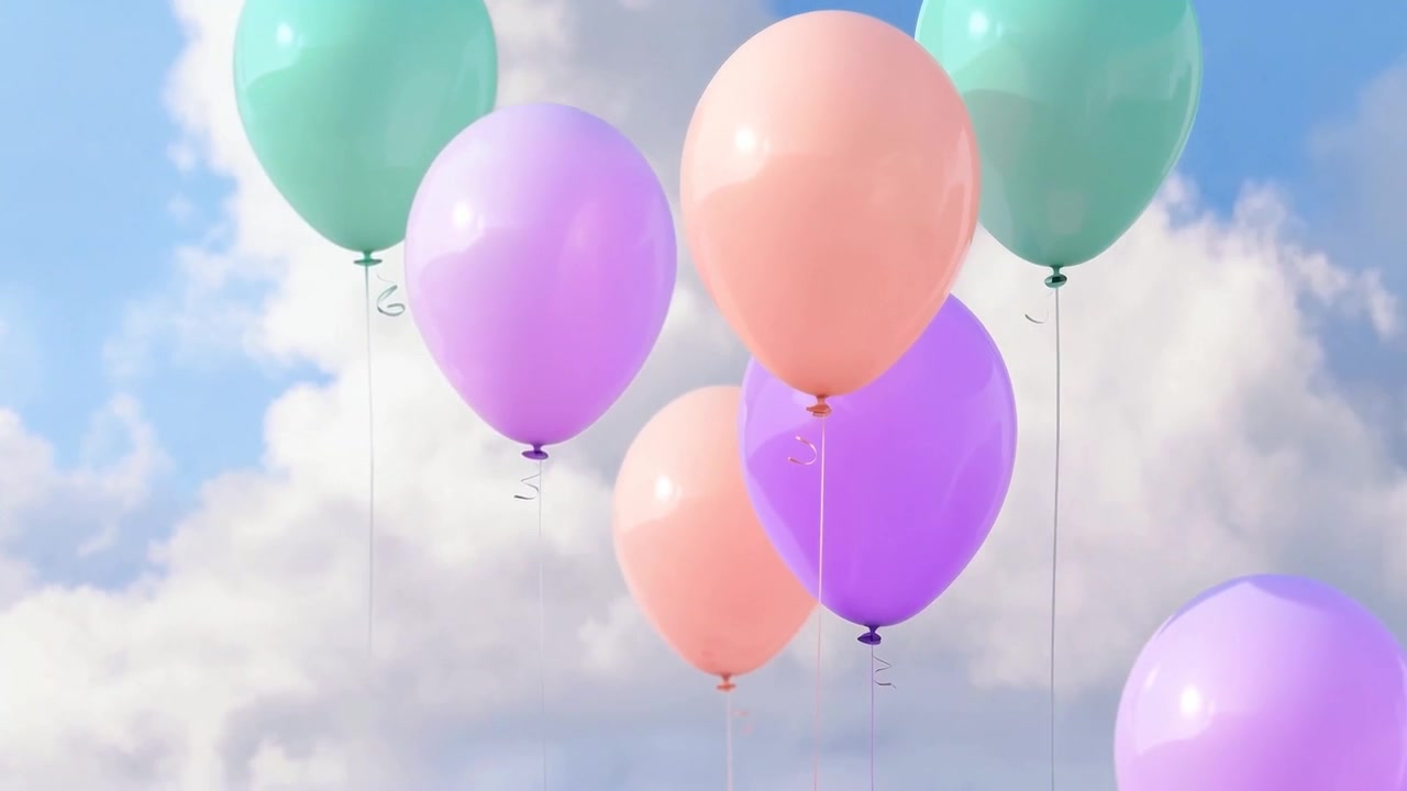 Grappolo di palloncini pastello alla deriva che si muove nel cielo blu, con nastri che ondeggiano per una leggera brezza.