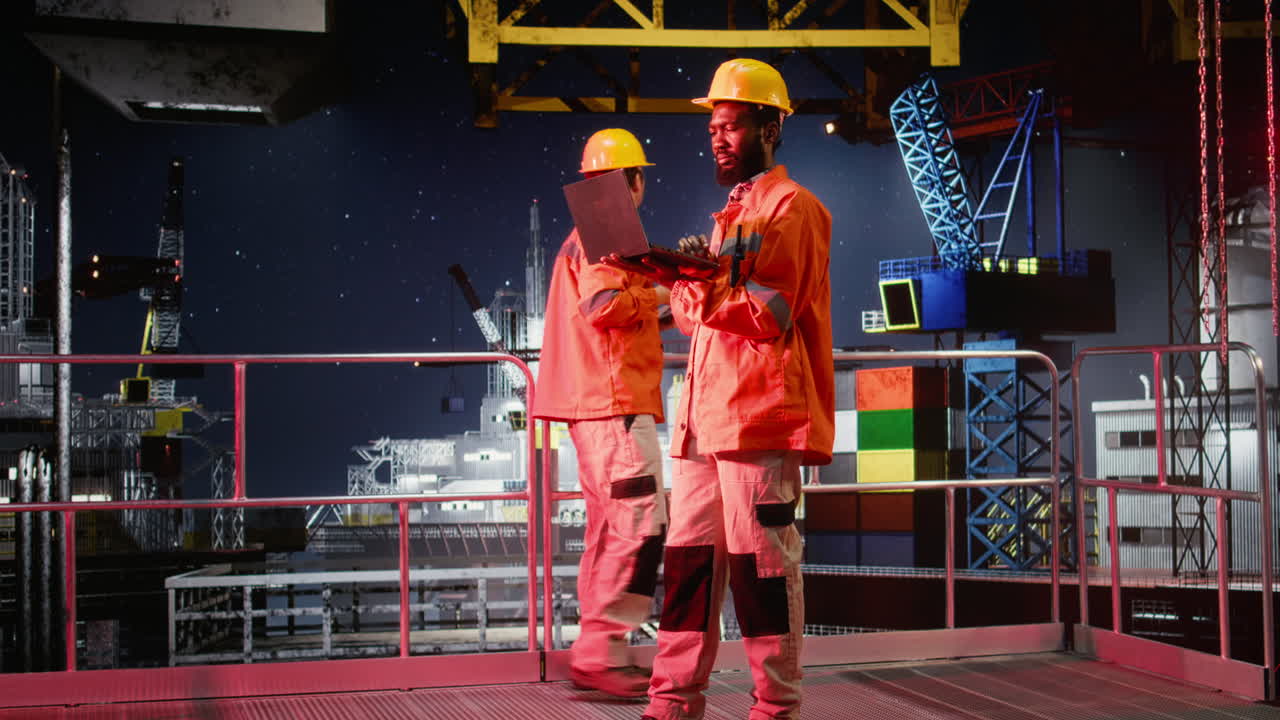 Offshore platform worker evaluating risk assessment reports using laptop