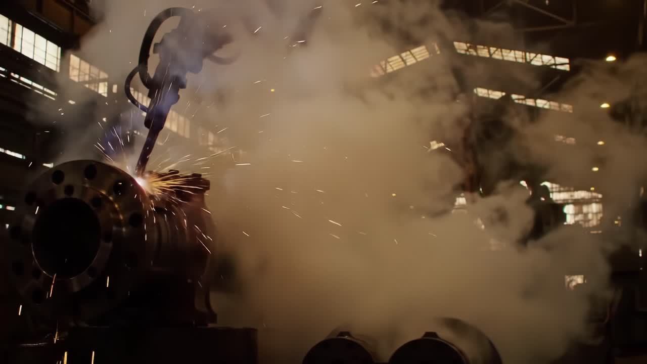 Intricate Machinery in Action: A Breathtaking Glimpse into Industrial Processes with Rays of Light Breaking Through the Mist and Steam in a Factory Environment