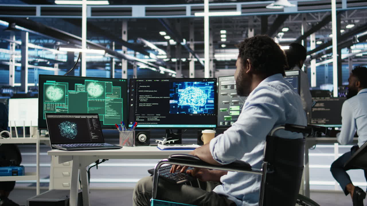 Man with paraplegia in server hub trying to protect hardware from hacker attack